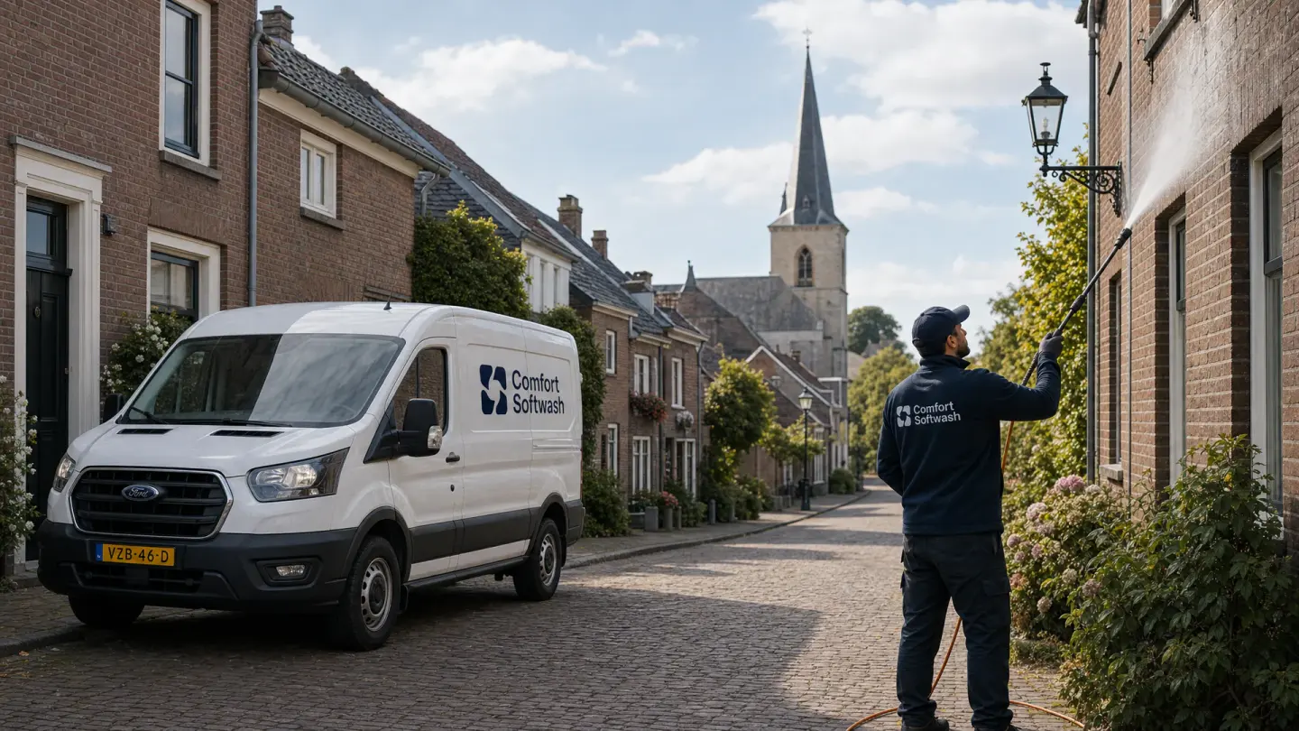 Sfeerbeeld van gevelreiniging naast een bedrijfsbus in Limburg